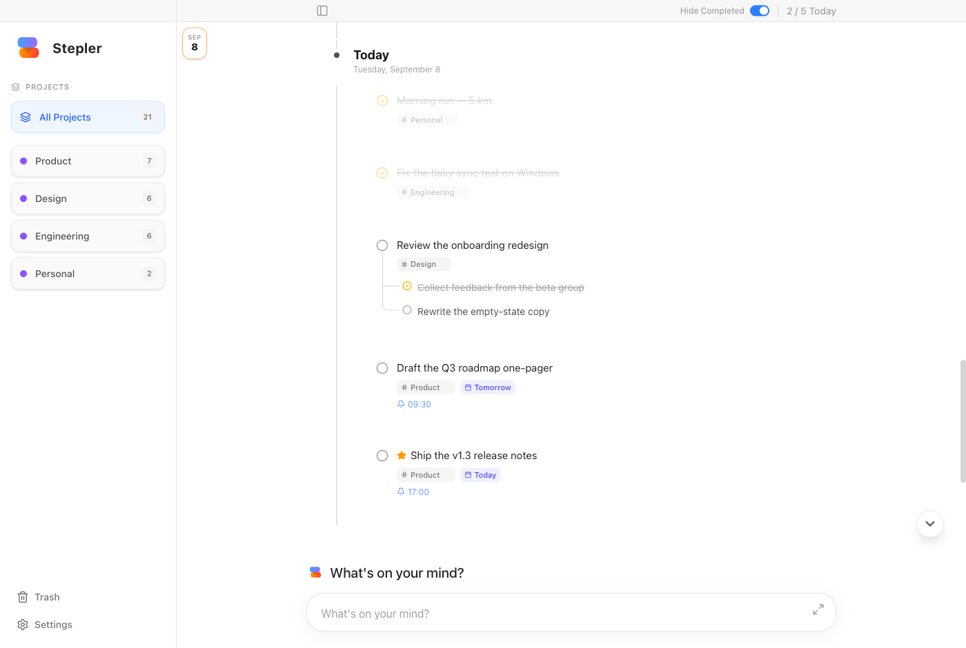 Stepler showing today's timeline: completed tasks struck through, a task with subtasks, a task due tomorrow with a 09:30 reminder, and a starred task with a 17:00 reminder, above the composer.